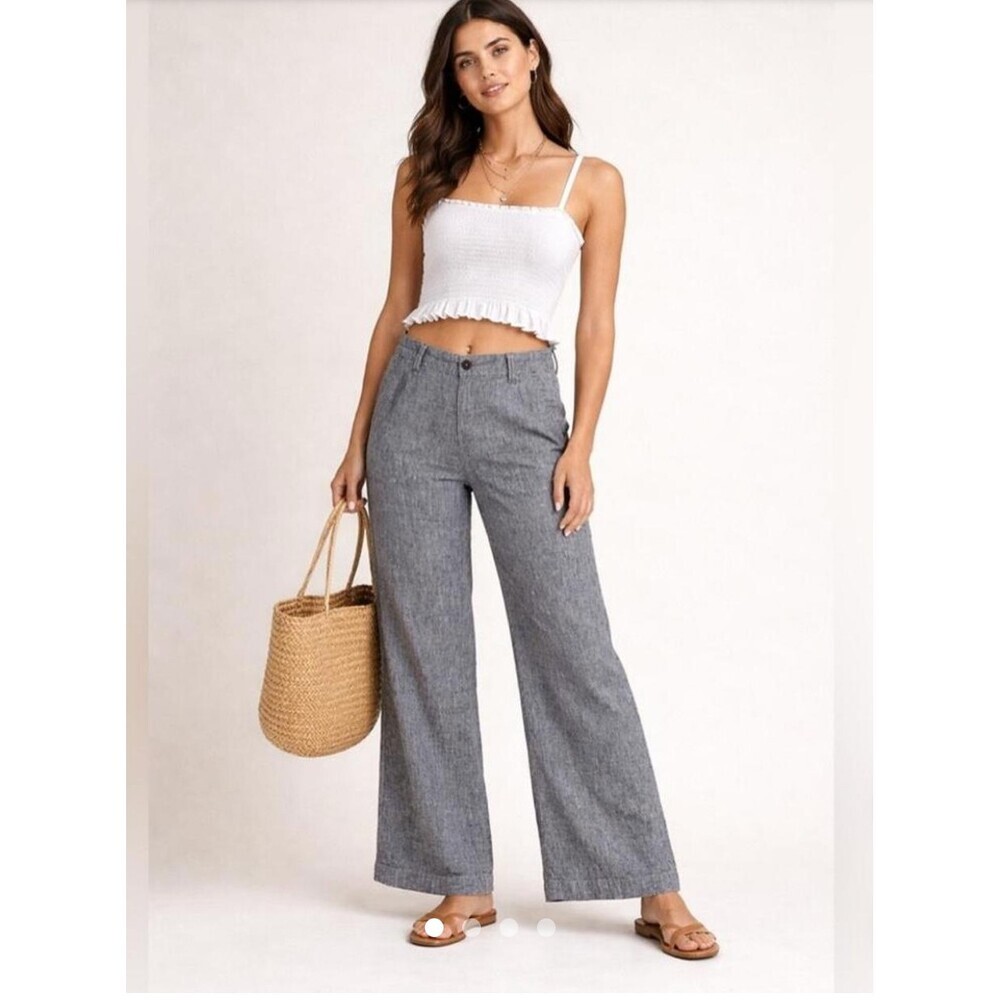 Anthropologie Wide Leg Trouser Pants Size 8 Gray Linen Blend Vacation Casual